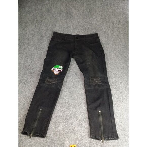 Bart Simpson Jeans Men Sz L Black Straight Leg‎ Embroidered Zippers Streetwear - Picture 1 of 8